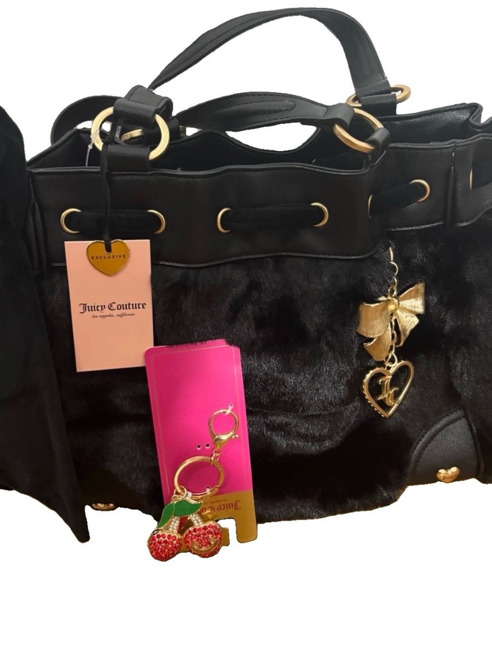 Juicy Couture Black Faux Fur Tote with Gold Charm Accents and Cherry Keychain